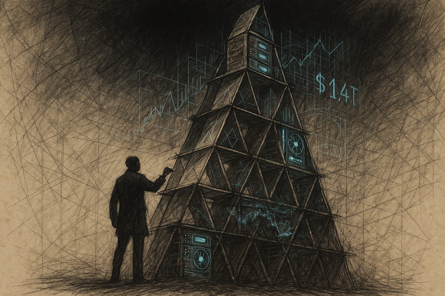 A hand-sketched, mixed-media drawing of a massive house of cards built from server racks and GPUs. Blue, vector-style financial charts are overlaid, analyzing its instability.