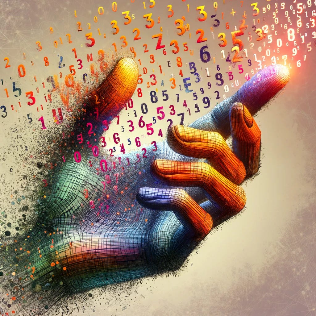 Create an image featuring a glove as if it's 'holding' visible words, which gradually transform into numerical vectors. The glove should be depicted in a dynamic and colorful manner, capturing the essence of grasping or interacting with the words. The transition from words to numerical vectors should be smooth and visually striking, with a blend of colors that symbolize the transformation process. The background can be abstract, enhancing the focus on the glove and the transforming words.