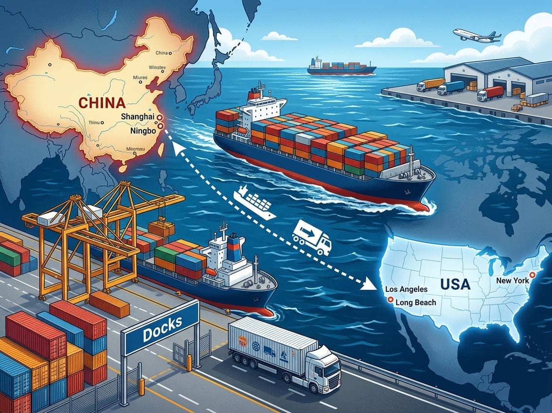 A cargo ship at sea near a port with a delivery truck leaving the terminal, showing a shipping route from China to the USA on a map.
