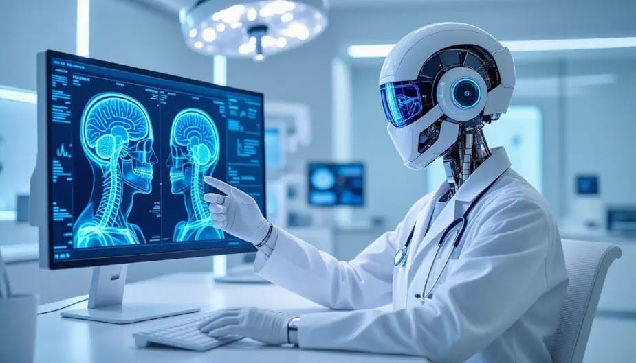 A futuristic AI assistant is reviewing medical scans on a computer screen, preparing to present the results to a human doctor.
