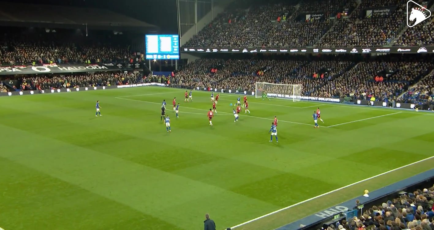 wide angle of Omari Hutchinson's goal with Burgess and O'Shea the deepest defenders, roughly 30 yards from goal