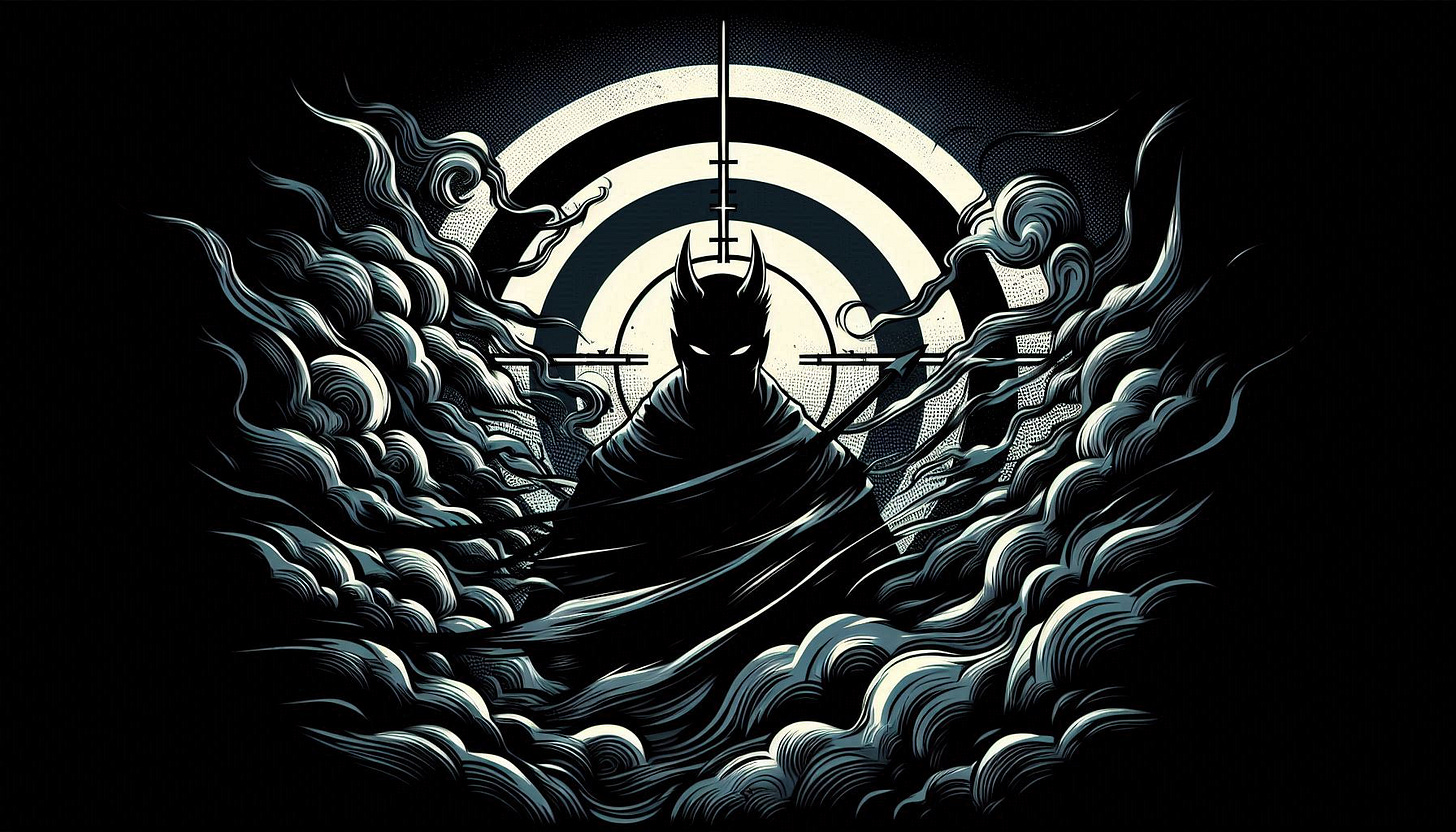 a devil is the crosshairs of a target, dark and mysterious comic book art