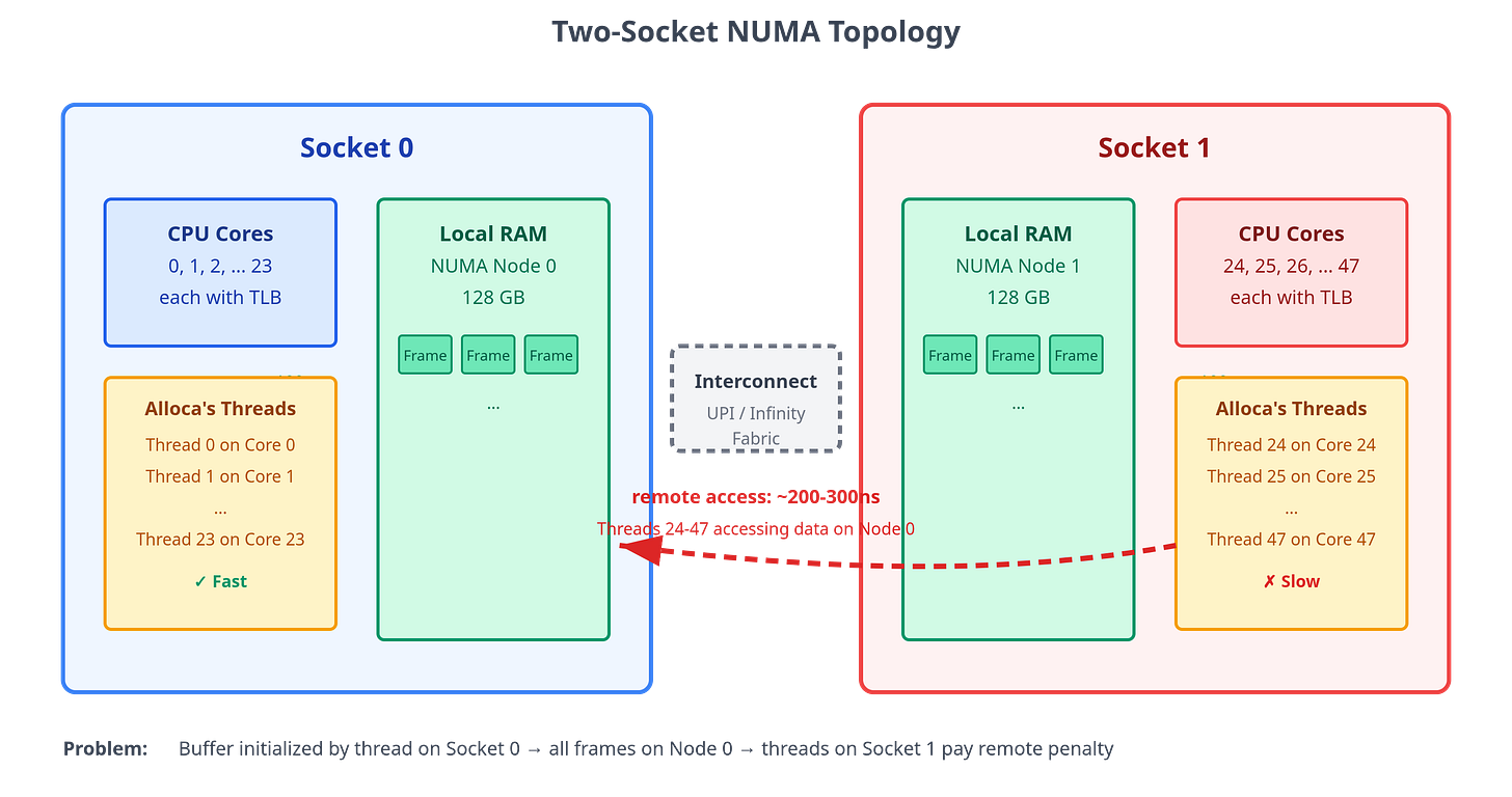 Figure 13: NUMA topology showing two CPU sockets, each with local memory.
In this simplified model, each socket corresponds to one NUMA node, but real
machines, particularly AMD EPYC systems, may expose more than one NUMA node
per socket. Alloca’s buffer was initialized by a thread on Socket 0, so all
physical frames landed on NUMA Node 0. Threads 0-23 running on Socket 0 get
fast local DRAM access. Threads 24-47 running on Socket 1 must have their
cache misses served from Node 0, crossing the inter-socket interconnect. Local
DRAM latency is typically around ~100ns; remote DRAM access is often 1.5–3×
higher, though exact numbers vary by CPU generation, memory speed, and system
topology.