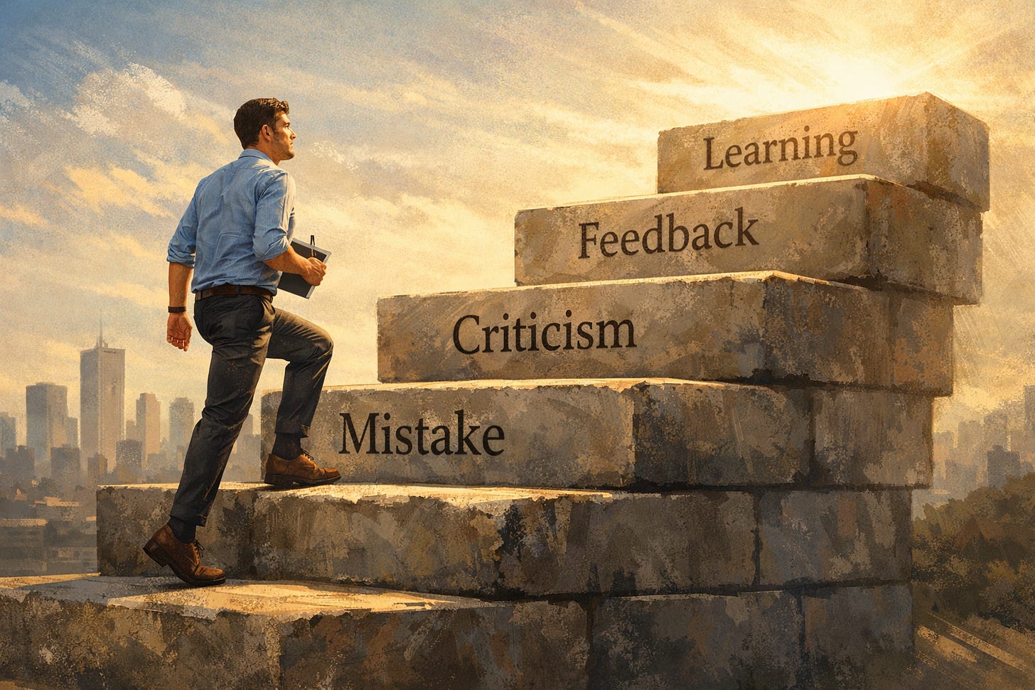 Semi-realistic editorial illustration of a young professional leader climbing stone steps labeled feedback, mistake, criticism, and learning, symbolizing leadership resilience and personal growth after setbacks. Soft morning light shines from above while a distant city skyline represents career progress for new managers learning to turn criticism into leadership development. Semi-realistic editorial illustration of a young professional leader climbing stone steps labeled feedback, mistake, criticism, and learning, symbolizing leadership resilience and personal growth after setbacks. Soft morning light shines from above while a distant city skyline represents career progress for new managers learning to turn criticism into leadership development.