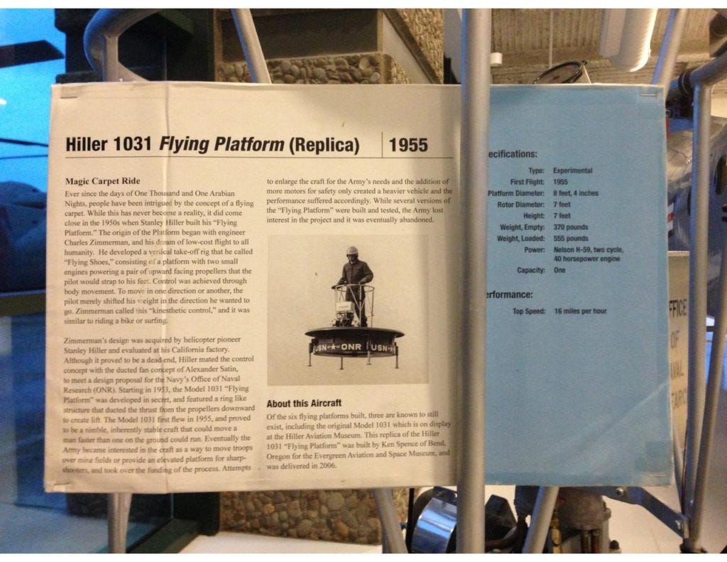 Placard describing the reproduction of the Hiller 1031 on display at the Evergreen Aircraft Museum - Author Chesnimnus (Wikipedia Commons) Placard describing the reproduction of the Hiller 1031 on display at the Evergreen Aircraft Museum - Author Chesnimnus (Wikipedia Commons)