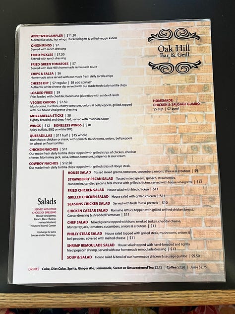 the menu from oak hill bar and grill