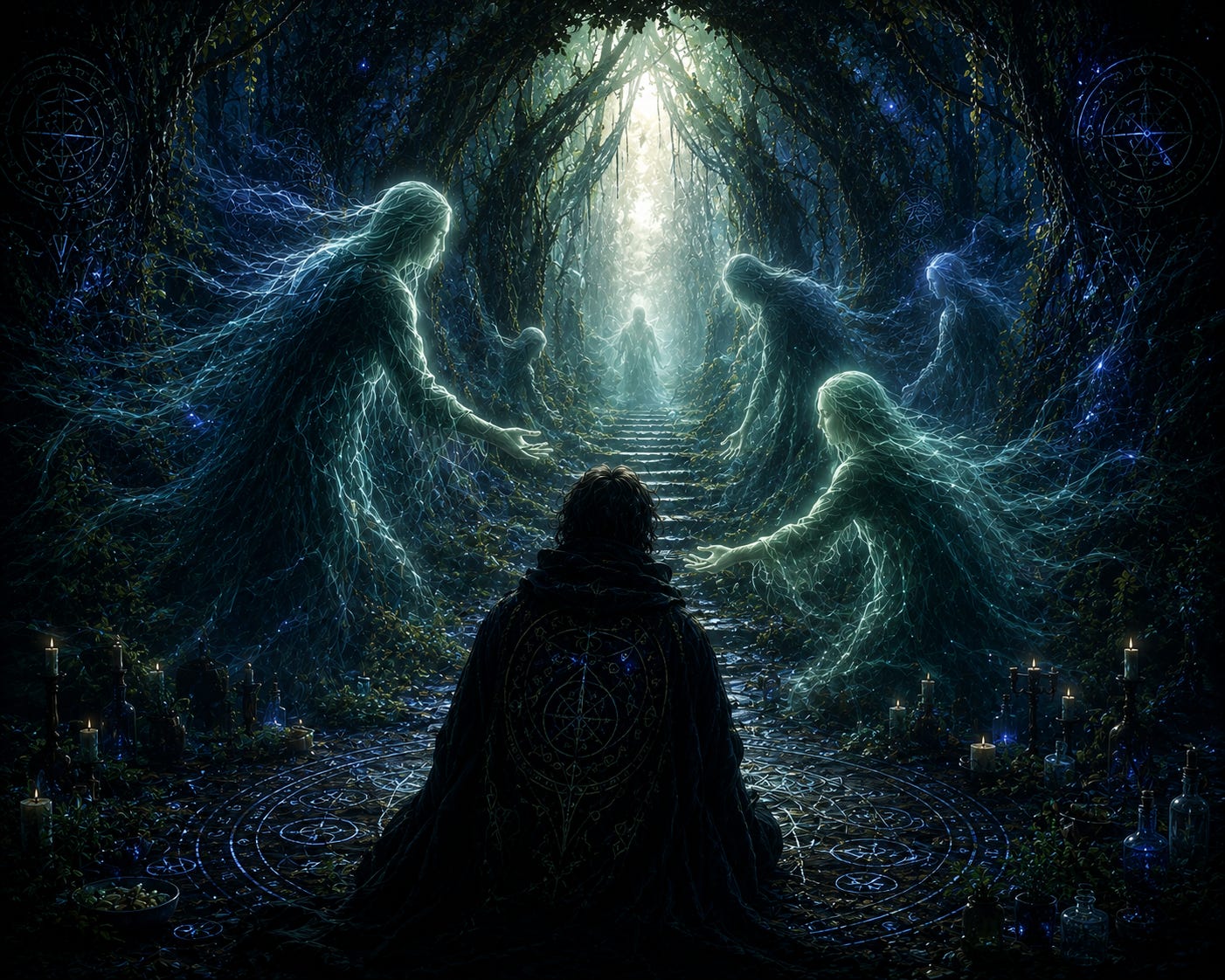 Image of spirits trying to lure a magical being into the light.