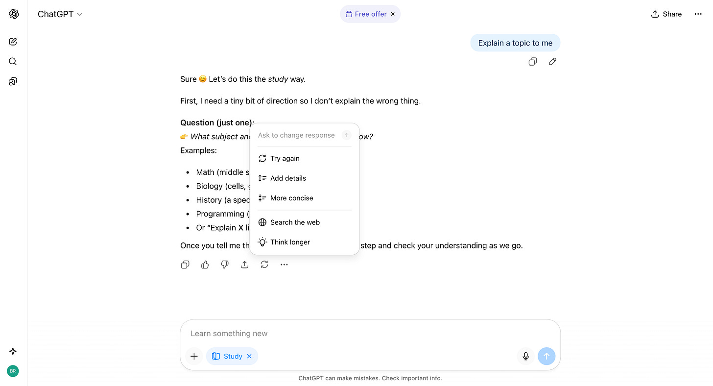 Response refinement menu showing options to modify AI response