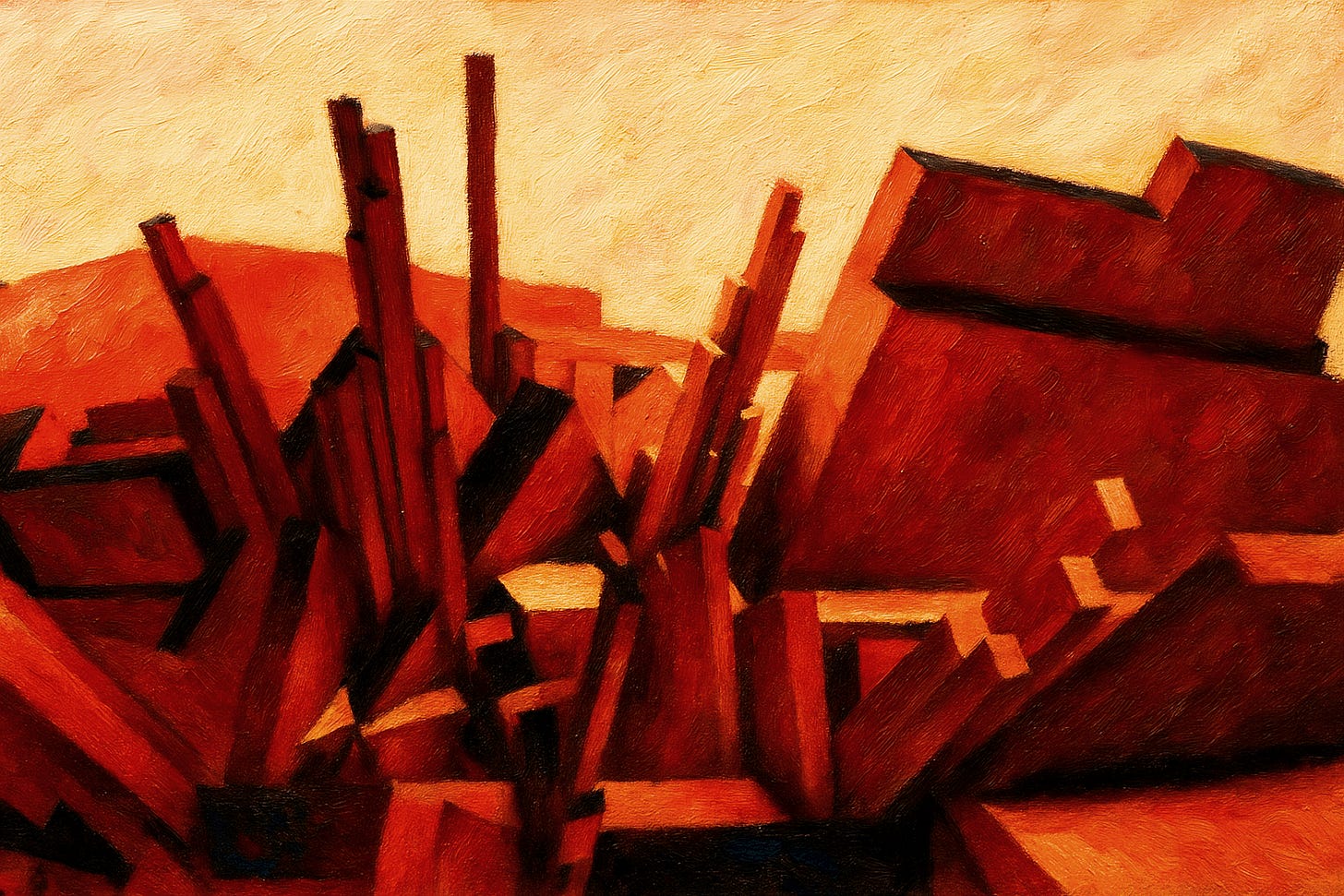 A collapsing red structure made of walls and pillars. A collapsing red structure made of walls and pillars.
