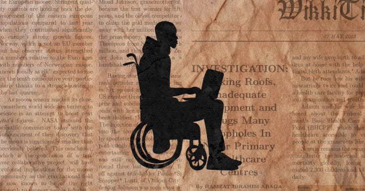 Silhouette of a person in a wheelchair working on a laptop, overlaid on a textured, aged newspaper background with partially visible text about an investigation.