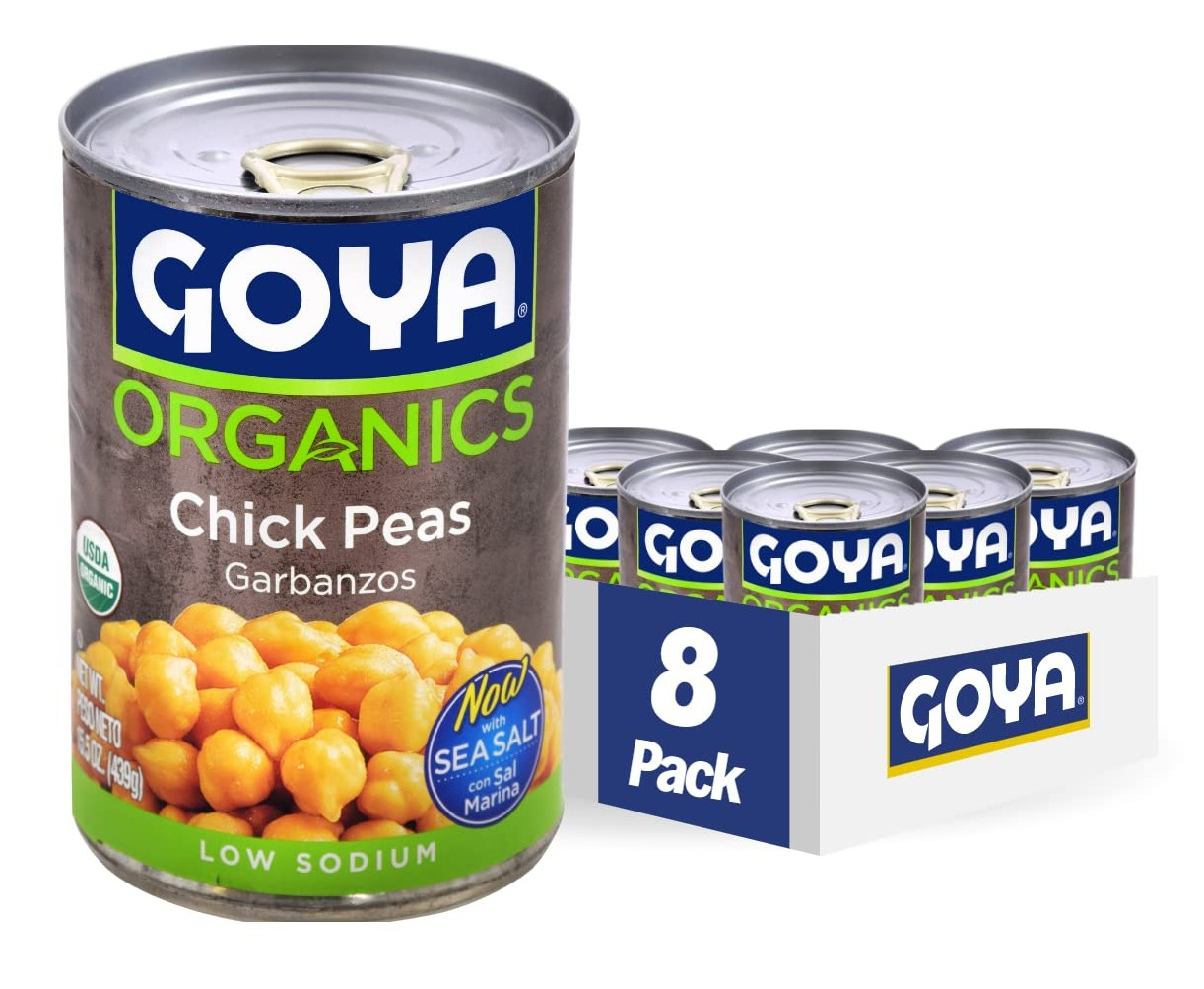 Goya canned organic chick peas on white background