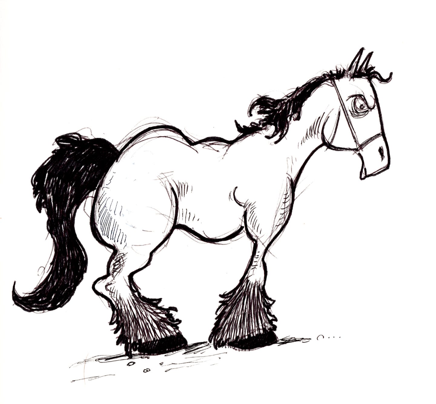 Ballpoint sketch of an angry cartoon horse.