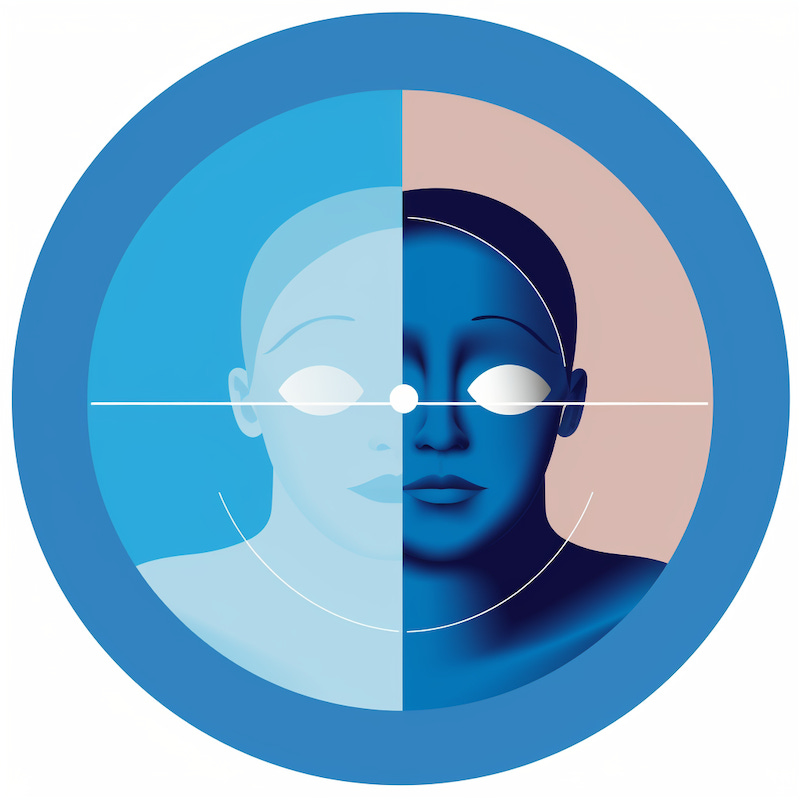 Their face is partially covered by a transparent Venn diagram, dividing their visage into two halves. One side of the Venn diagram corresponds to their visible eye and the other side to the covered eye. On the screen, a straightforward Venn diagram is displayed. The diagram consists of two circles that partially overlap, creating two distinct areas. One circle represents a set of ideas, beliefs, or perspectives, while the other circle represents opposing ideas, beliefs, or perspectives. The overlap between the circles signifies common ground or shared understanding. The person's visible eye, which is not obstructed by the Venn diagram, is focused solely on one side of the diagram. This eye reflects their concentrated attention and interest in the ideas represented in that portion of the diagram. Conversely, their obscured eye, hidden behind the Venn diagram, remains in shadow, symbolizing their inability to see or acknowledge the opposing ideas and perspectives presented in the diagram. I