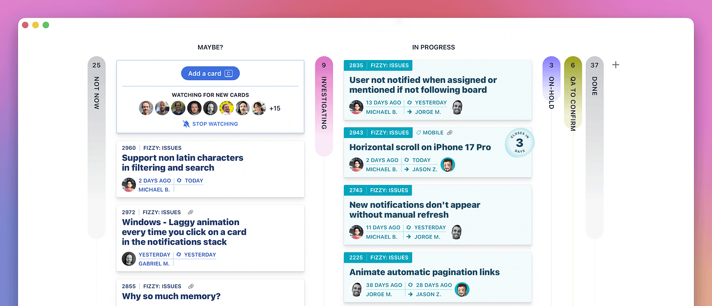 Screenshot of a Fizzy board