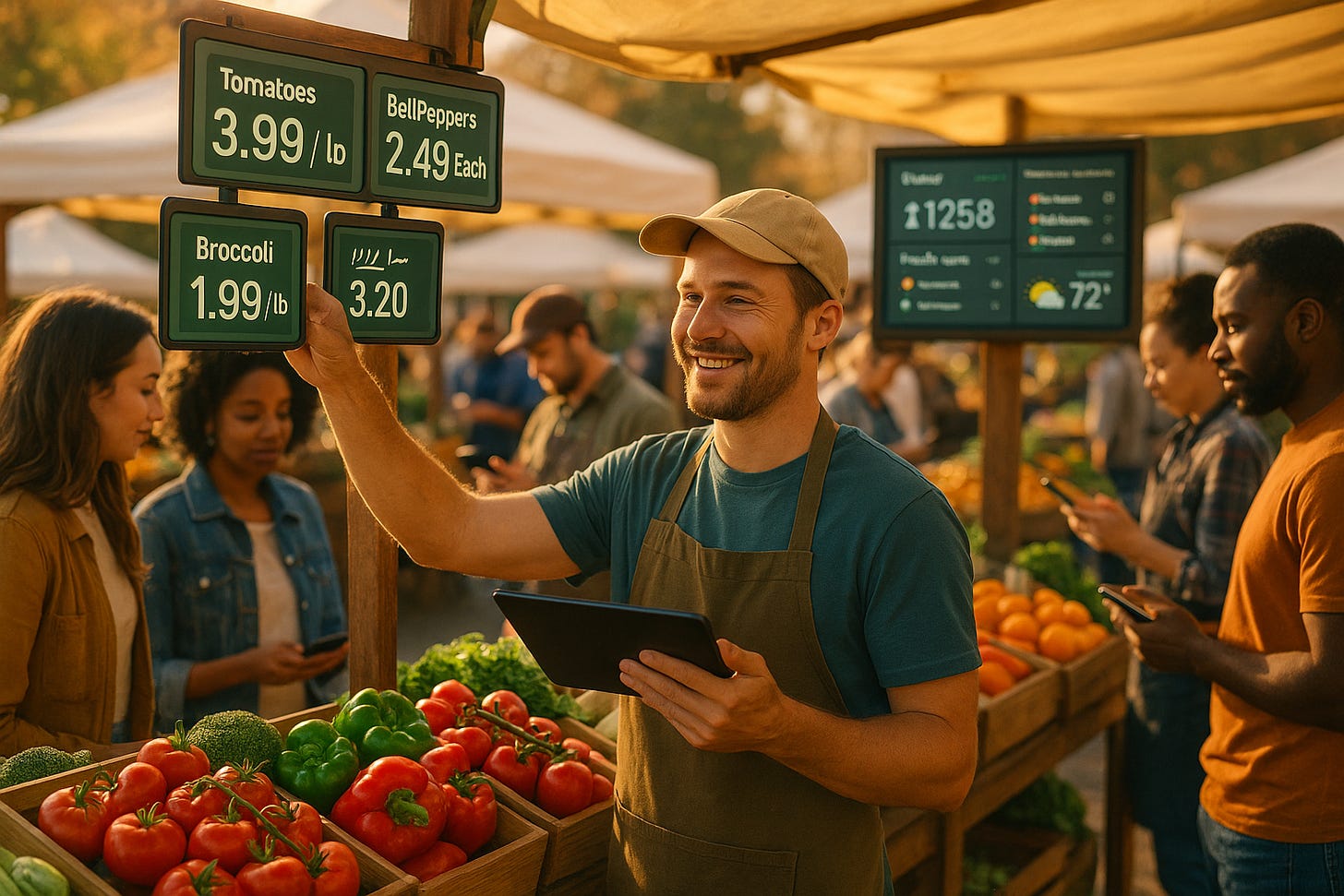 A cheerful vendor at a farmers' market updates digital price boards using a tablet, surrounded by fresh vegetables. Shoppers browse nearby, checking produce and prices on their phones. 