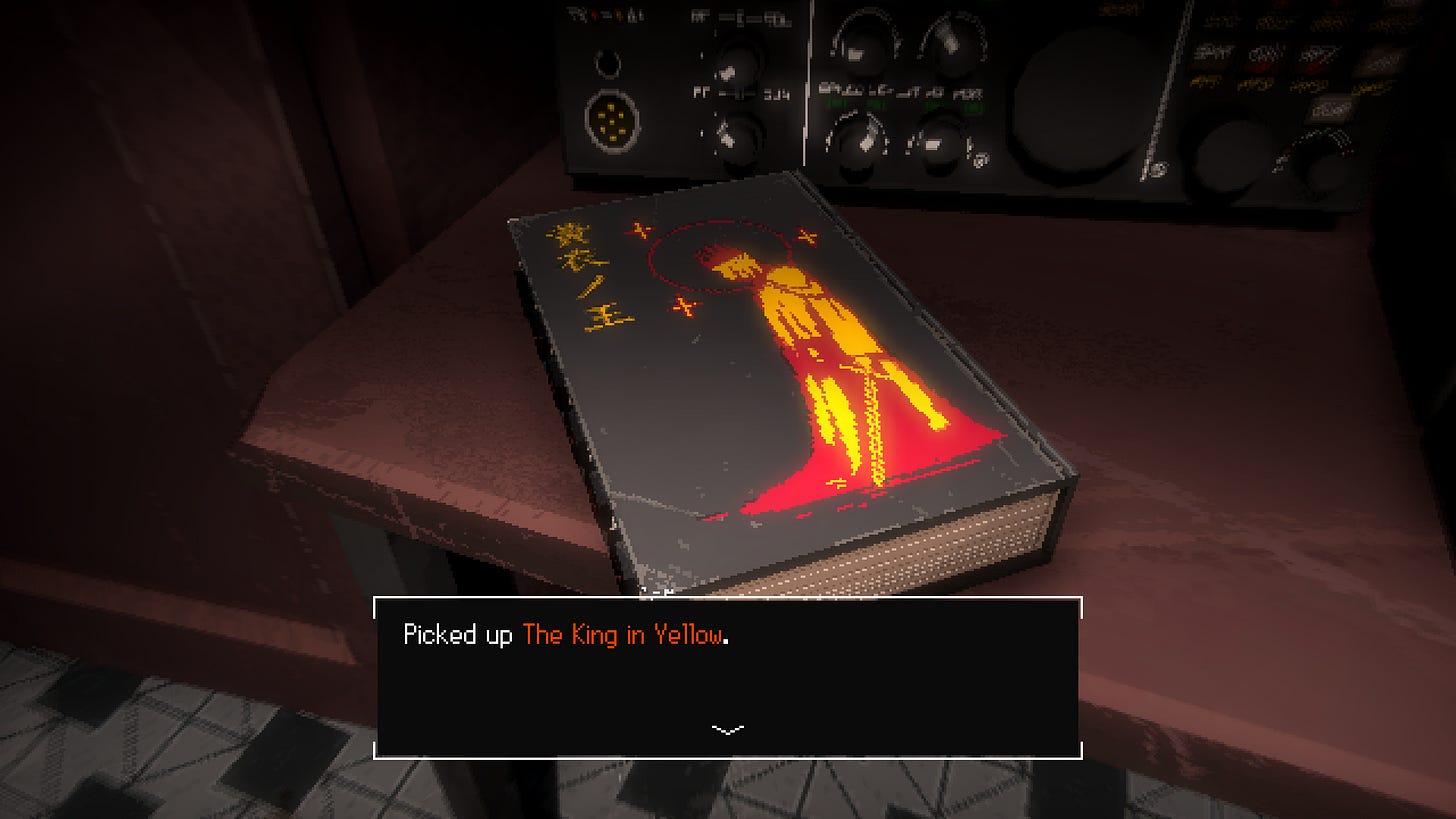 A book on a table, with the text "Picked up The King in Yellow"