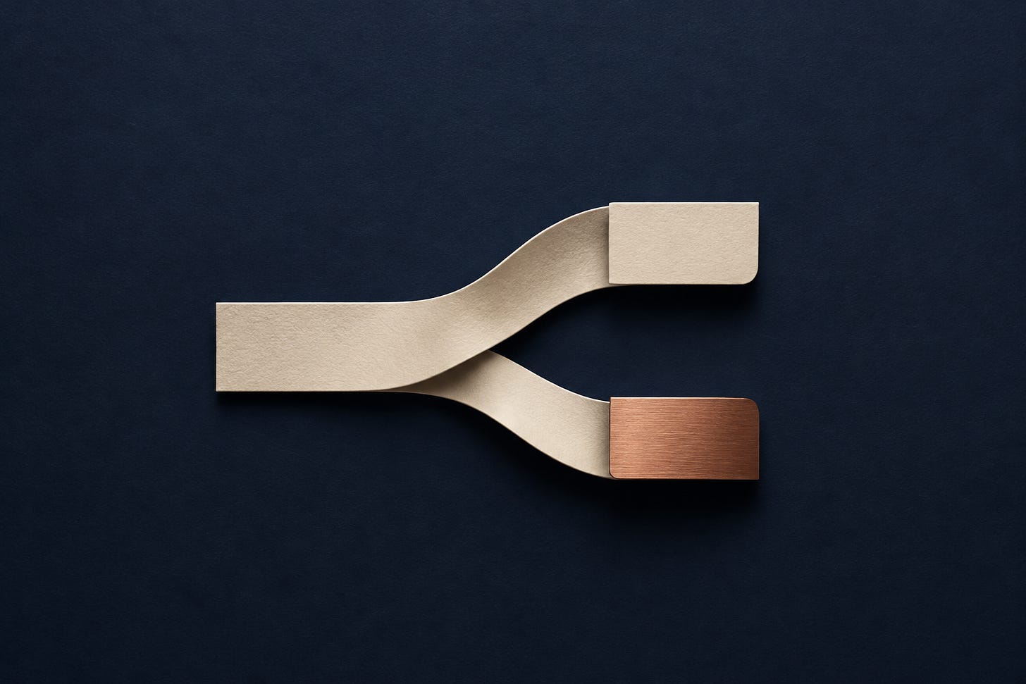 Editorial illustration of an ivory paper channel branching toward ivory and copper tabs on a navy background. Editorial illustration of an ivory paper channel branching toward ivory and copper tabs on a navy background.