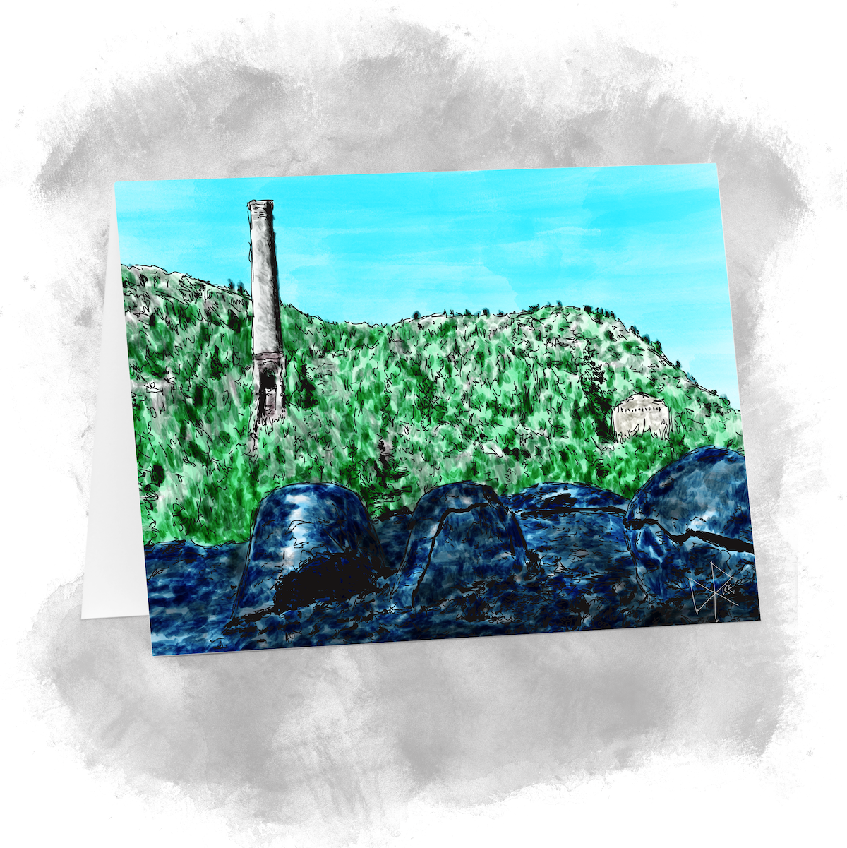 Historic Lotzkar Memorial Park with waste slag or ‘Hell's Bells’, left over from the copper smelting process. The BC Copper Co. smelter was built to handle copper ore from the Mother Lode mine. It operated in Canada near Greenwood, British Columbia from 1901-1918. Sketch art by Don Rice. Historic Lotzkar Memorial Park with waste slag or ‘Hell's Bells’, left over from the copper smelting process. The BC Copper Co. smelter was built to handle copper ore from the Mother Lode mine. It operated in Canada near Greenwood, British Columbia from 1901-1918. Sketch art by Don Rice.