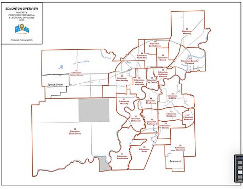 Calgary, Edmonton and smaller city maps supported by the minority of the Electoral Boundaries Commission.