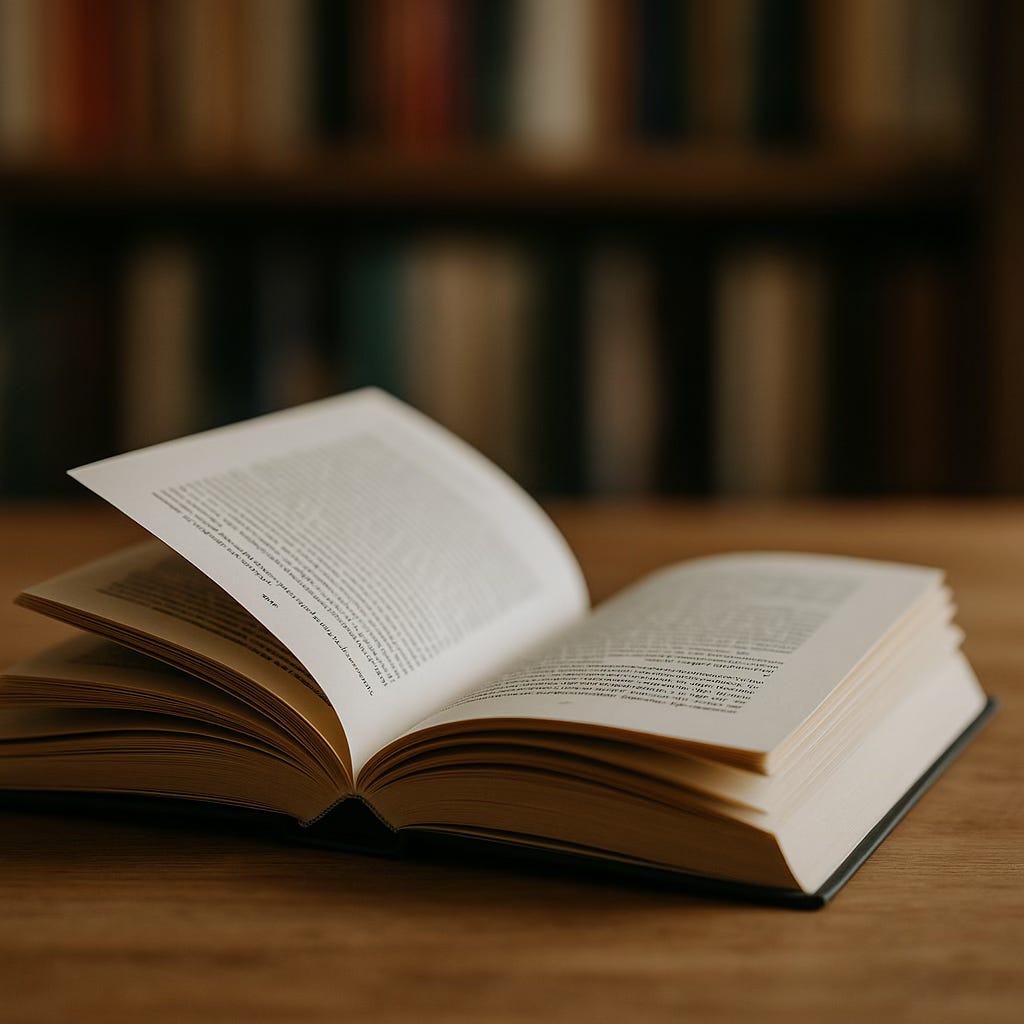 An open hardcover book resting on a wooden table with a blurred bookshelf in the background, warmly lit and inviting.