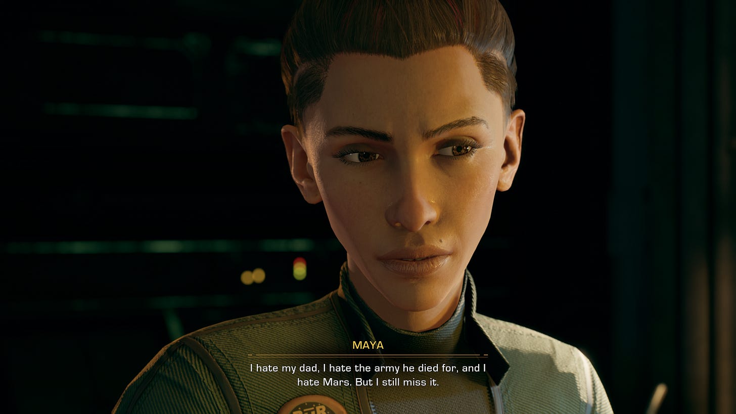 A screenshot of the game The Expanse: A Telltale Series, showing a close-up of the character Maya as she says "I hate my dad, I hate the army he died for, and I hate Mars. But I still miss it."