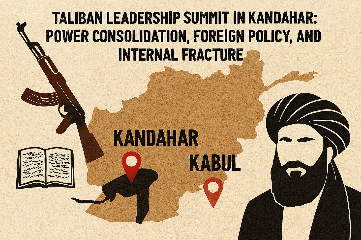 A symbolic map of Afghanistan highlighting Kandahar and Kabul as competing centers of power. Kandahar is marked with a golden emblem representing religious authority and leadership, while Kabul is marked with a diplomatic seal and foreign flags. The background includes stylized mountains and muted desert tones, with directional arrows and subtle Islamic motifs to suggest political tension and coordination.