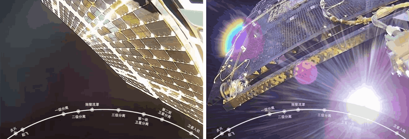 The solar arrays of two satellites in Geespace’s fourth satellite group.