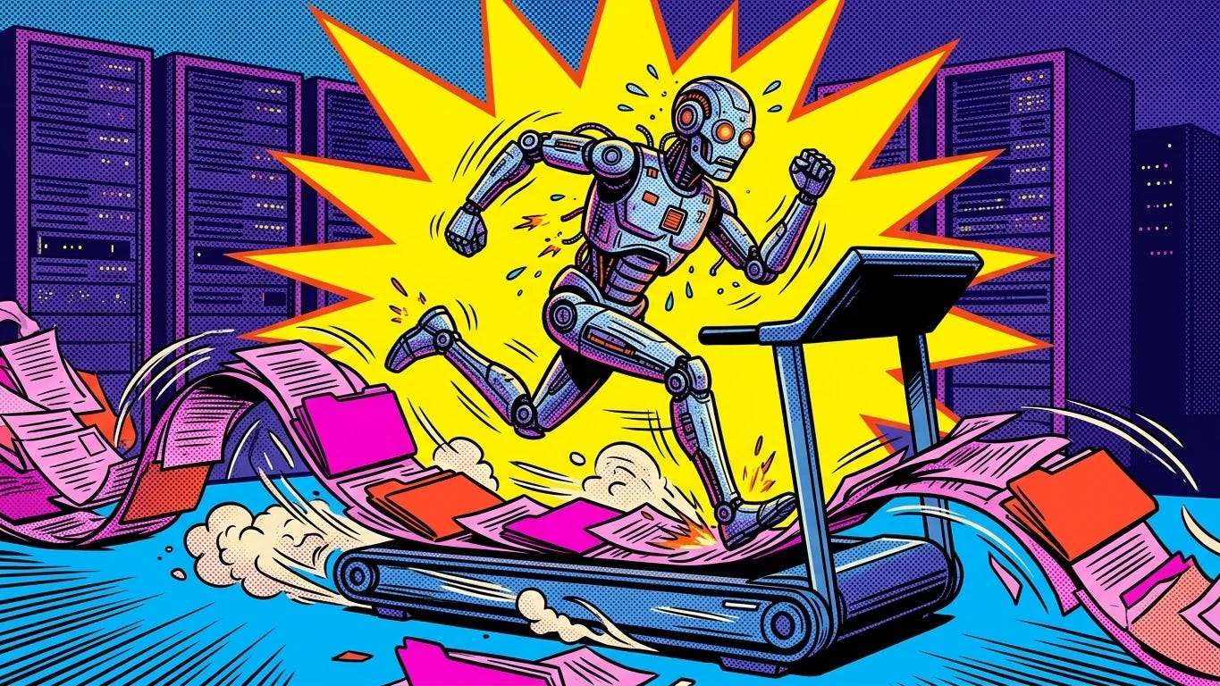 A robot AI agent sprints on a treadmill built from fake documents and folders, going nowhere, while real server racks sit untouched in the background.
