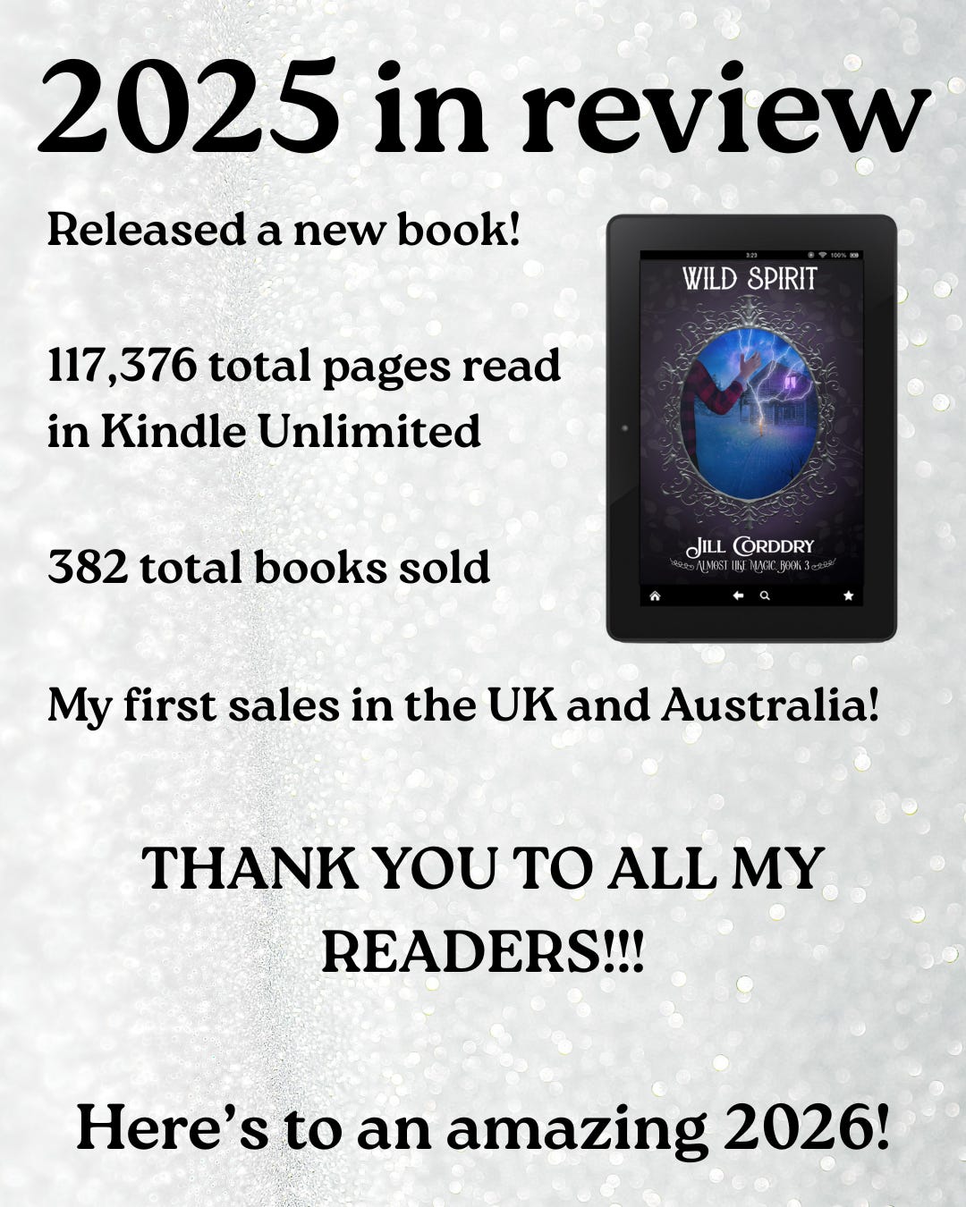 Image is a 2025 in review graphic. The background is a faint glittery silver. At the top in large bold black font reads: 2025 in review, followed by a list of all the awesome things that happened this year for me. They’re in smaller bold black font and read as follows: Released a new book | 117, 376 total pages read in Kindle Unlimited | 382 total books sold | My first sales in the UK and Australia !| Thank you to all my readers | Here’s to an amazing 2026! 