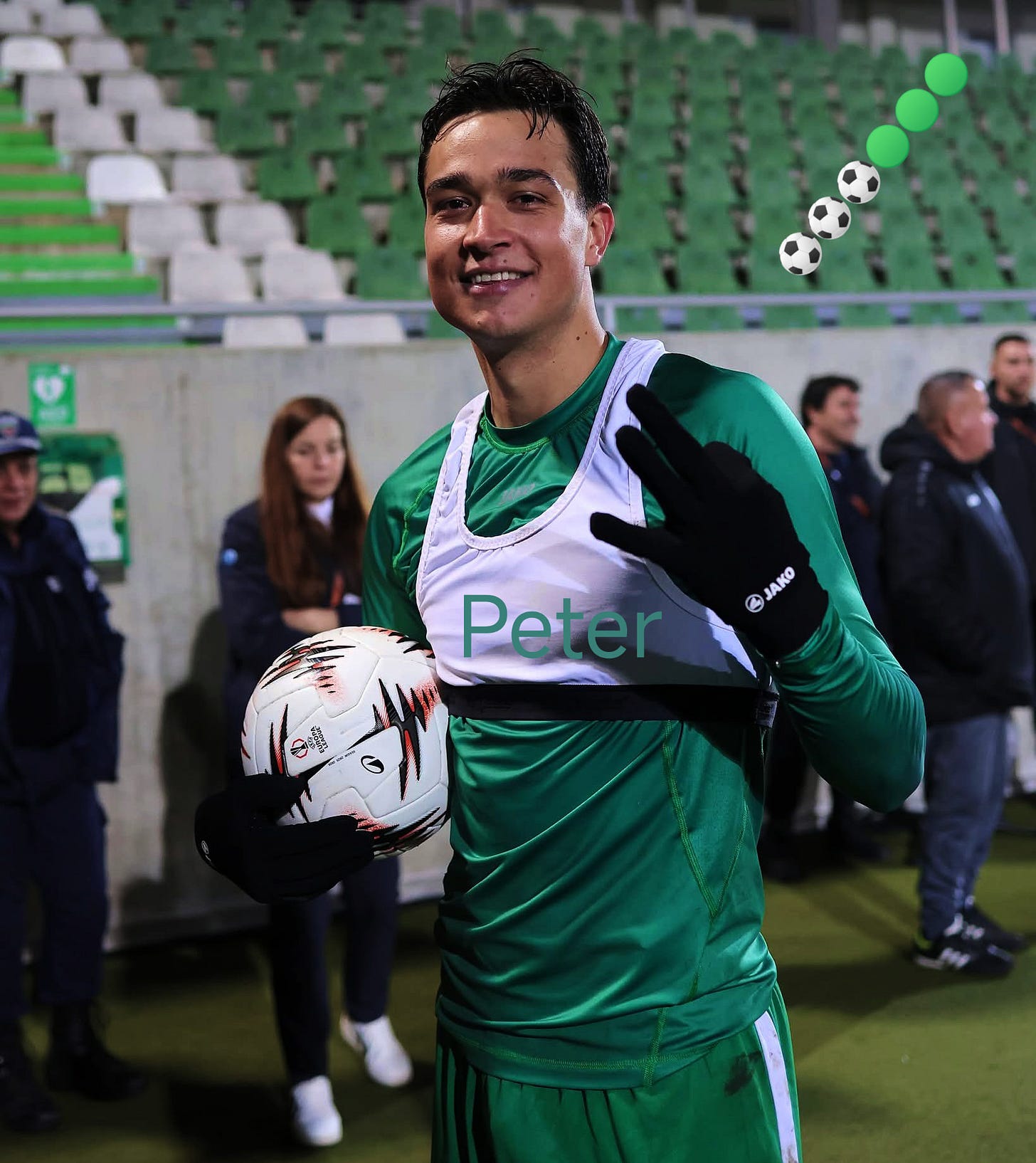 May be an image of American football, football and text that says "O JAKO Peter"