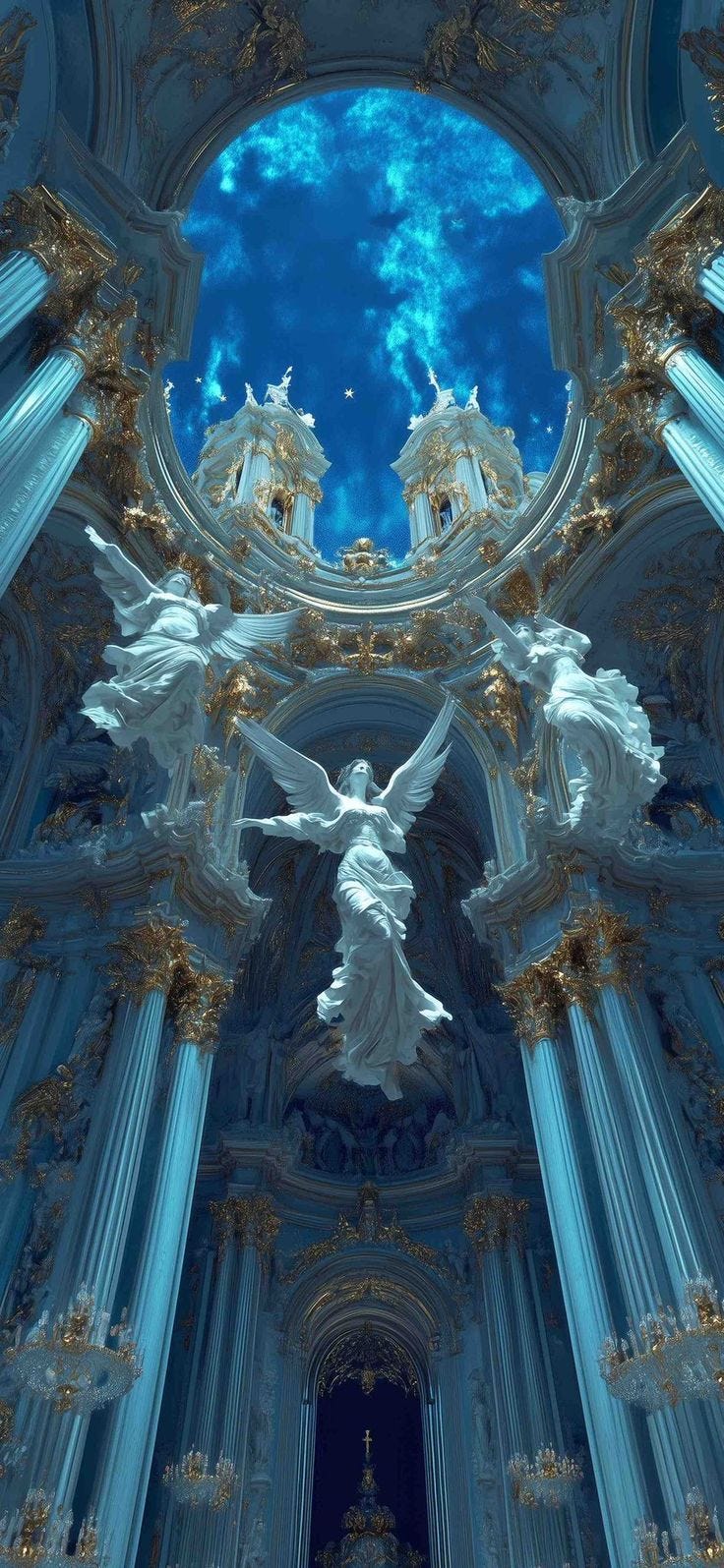 This may contain: an artistic view of the inside of a building with columns and statues on it's ceiling