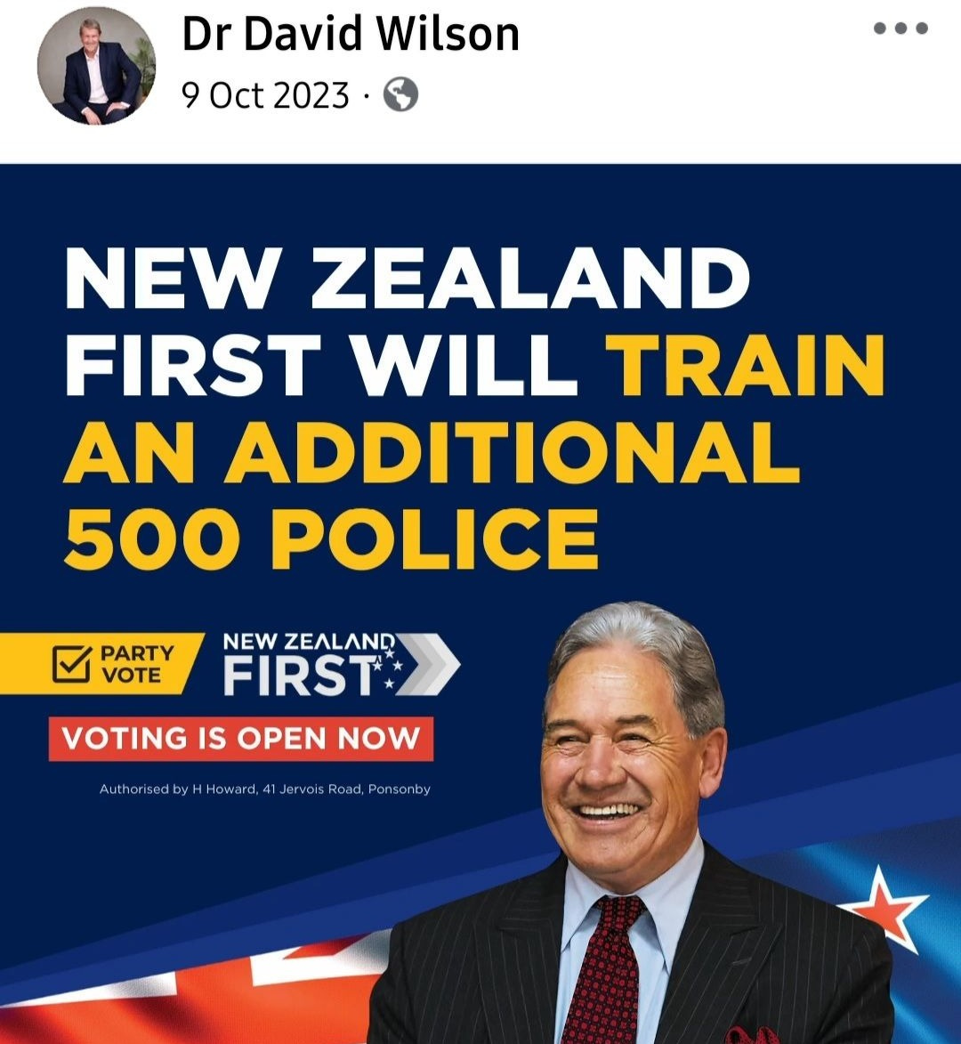 Advertisment posted by Dr David Wilson with NZ First's commitment to 500 additional police.