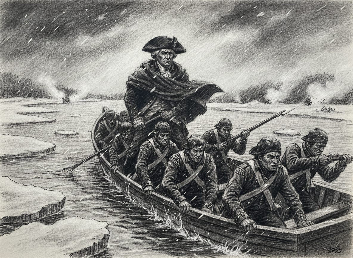 Charcoal of Washington crossing the Delaware