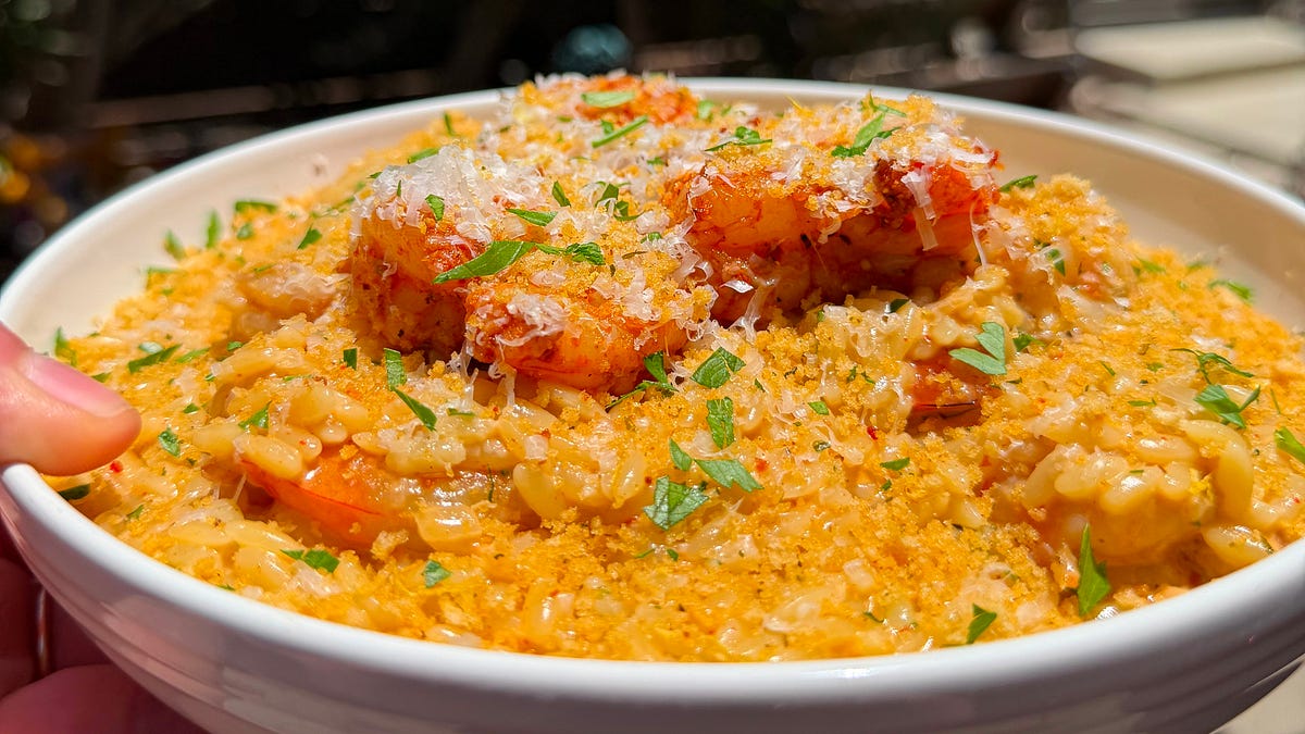 One-Pan Lemon Shrimp Orzo with Crispy Garlic Breadcrumbs