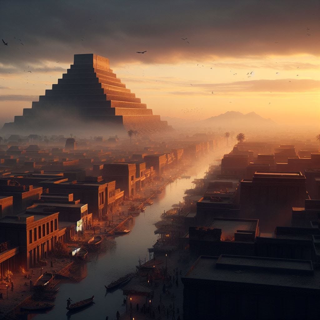Dawn breaks over the city-state of Ur. Birds chirp and the city awakens to another bustling day. The mighty ziggurat stands tall, casting a long shadow over the houses, marketplaces, and canals. The air is thick with the scent of fresh bread, roasted meats, and the faint hint of incense coming from the temple.