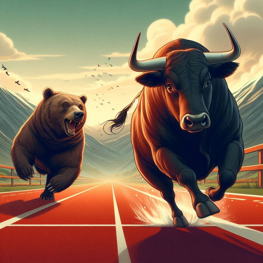 a bull running on a track and a bear running just behind him, about to pass him