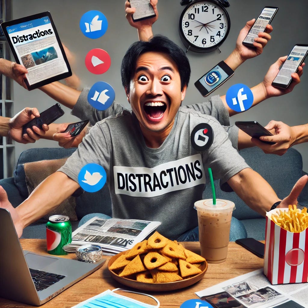 A high-definition photo of an Asian man eagerly embracing distractions, looking very happy and somewhat foolish while doing so. The man should be surrounded by multiple sources of distraction such as a phone, a TV, social media notifications, snacks, and other entertainment items. His expression should be overly joyful and excited, with a wide smile and bright eyes, conveying a sense of mindless pleasure and lack of awareness. The overall composition should highlight the absurdity of embracing distractions willingly.