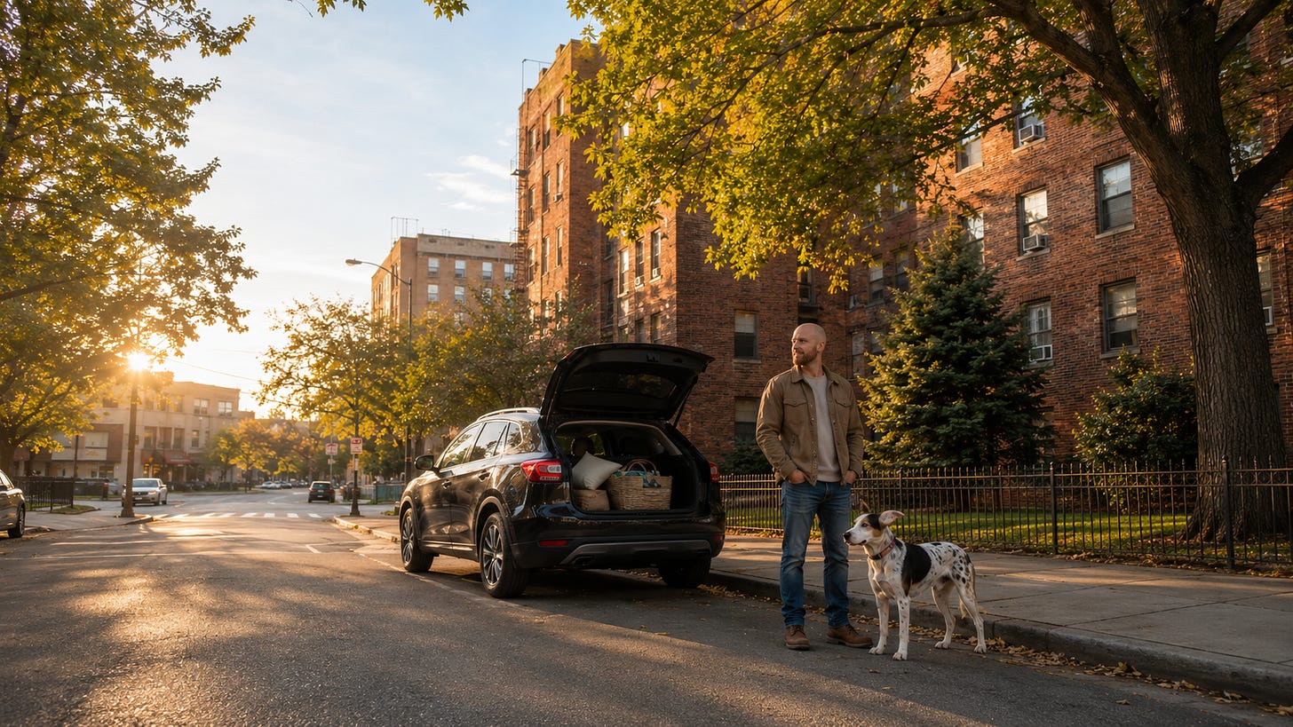 Matt and his dog Joy stand beside a packed car outside his former red-brick apartment building, illuminated by warm late-afternoon light as the street opens ahead. Matt and his dog Joy stand beside a packed car outside his former red-brick apartment building, illuminated by warm late-afternoon light as the street opens ahead.