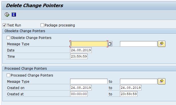 Selection screen of Change Pointers clearing program RBDCPCLR with options, obsolete change pointers, message type, data, time, processed change pointers, message type, created on, created at and test run. Selection screen of Change Pointers clearing program RBDCPCLR with options, obsolete change pointers, message type, data, time, processed change pointers, message type, created on, created at and test run.