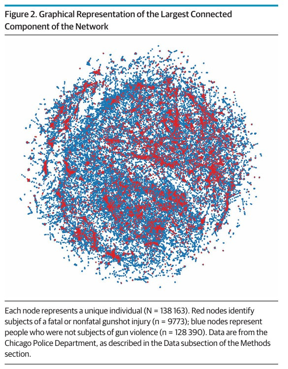 Network visualization of 138,163 individuals from Chicago Police Department data. Red nodes represent people involved in fatal or nonfatal gunshot injuries; blue nodes represent individuals not involved in gun violence. The image shows how gunshot victims cluster within a single dense network component, indicating that shootings are socially—not geographically—concentrated. Network visualization of 138,163 individuals from Chicago Police Department data. Red nodes represent people involved in fatal or nonfatal gunshot injuries; blue nodes represent individuals not involved in gun violence. The image shows how gunshot victims cluster within a single dense network component, indicating that shootings are socially—not geographically—concentrated.