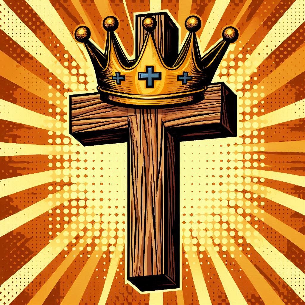 an old, wooden, and simple cross is wearing a golden crown, pop art