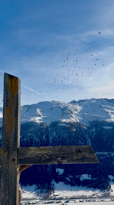 Left image, an elderly couple in a winter, alpine setting, high above a snow-covered valley floor smile for a selfie. Behind them, snow-capped mountain peaks; middle image, blackbirds riding the thermal above the Upper-Rhone Valley.; middle image, the top-right portion of a large wooden cross in a winter alpine setting. The cross perches over a snow-covered valley and mountain peaks opposite. A swarm of blackbirds ride a thermal.; right image, A snow-covered alpine valley floor from an elevate position. A metatrons cube has been raked into the snow using cross-hatching.
