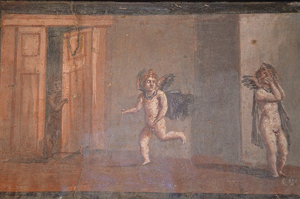 File:Fresco depicting Cupids playing hide-and-seek, from the cryptoporticus of the House of the Deer in Herculaneum, Empire of colour. From Pompeii to Southern Gaul, Musée Saint-Raymond Toulouse (16279074872).jpg