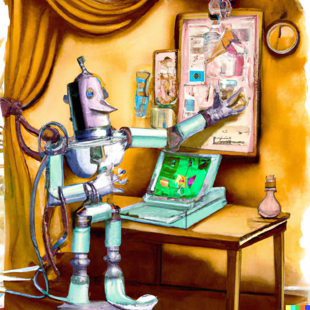 An Art Nouveau painting of a happy robot showing you his new NFT on the computer.