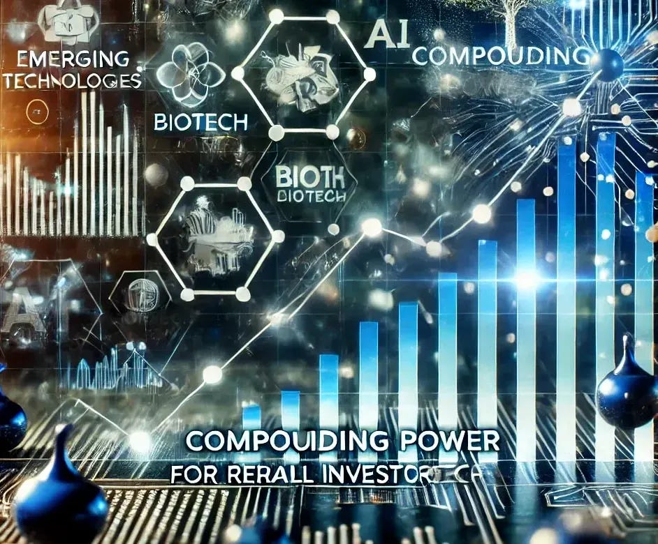 A visually striking and dynamic image illustrating the concept of compounding power for retail investors in emerging tech. The image should feature a graph or chart showing exponential growth, with symbols representing emerging technologies like AI, biotech, and clean energy in the background. The focus should be on growth, innovation, and wealth-building potential, with bold colors like blue and green for a modern and forward-looking feel. The scene should convey the power of small investments growing over time in the tech sector, ideal for retail investors.