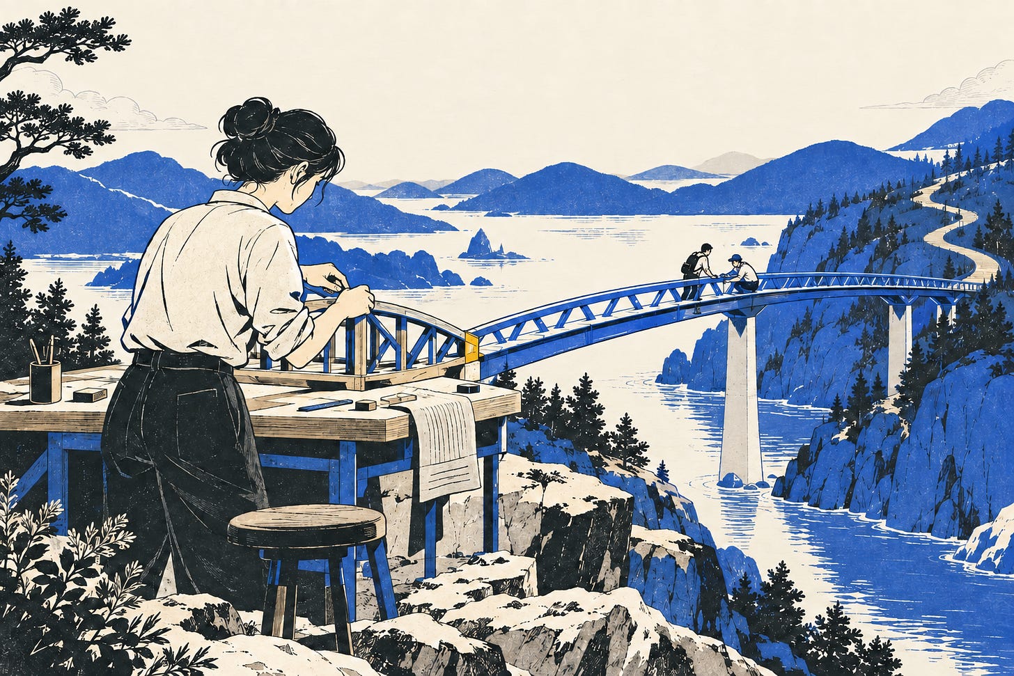 A builder’s tabletop model extends into a bridge across a mountainous landscape, with collaborators working along it. Japanese woodblock-style illustration in cobalt and cream.
