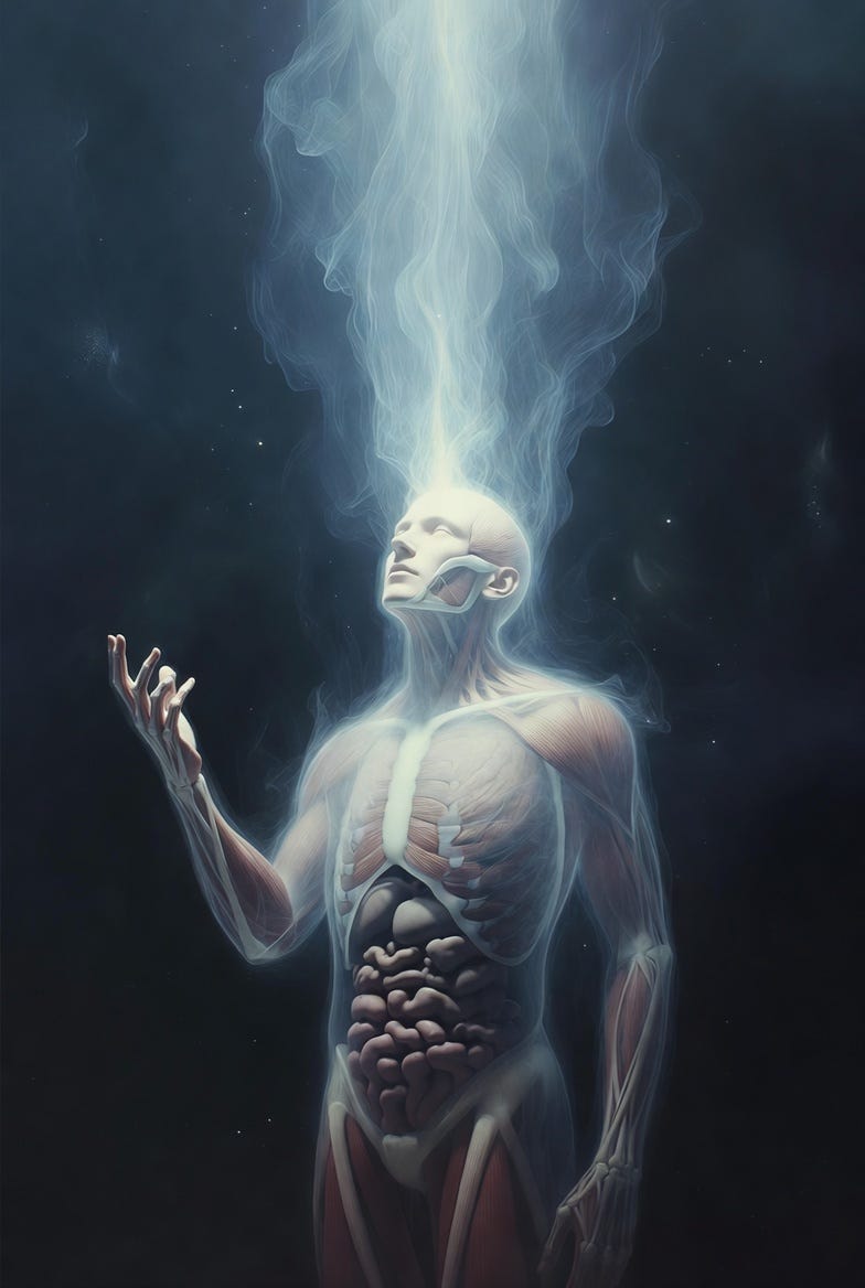 A philosophical illustration of the Body-Soul Argument, featuring a human figure with a glowing soul ascending against a dark cosmic background.