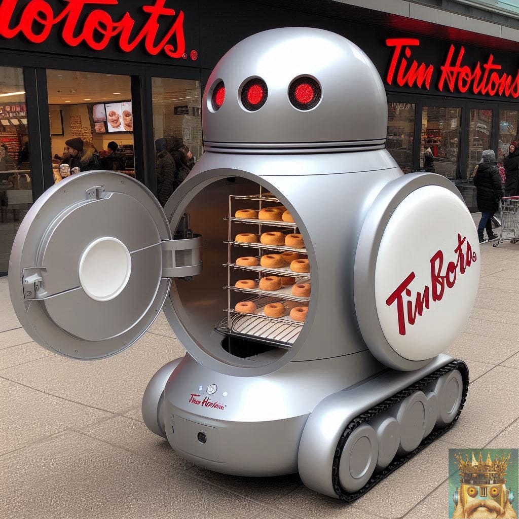 THE TINBOT'S FRONT PANEL POPPED OPEN, REVEALING A FULLY FUNCTIONAL DONUT ASSEMBLY LINE.