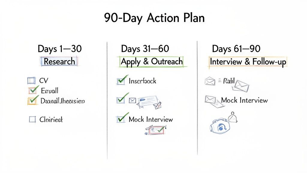 A 90-day action plan for a job search, divided into research, apply, and interview phases.