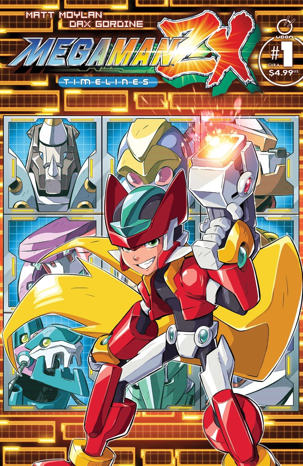 Colorful Mega Man ZX: Timelines cover featuring a central hero in red and black armor with a yellow scarf and arm cannon, surrounded by panels showing different robotic characters on a digital display background.